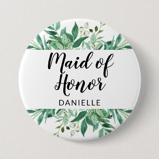 Verse Foliage Botanische Maid of Honor Monogrammed Ronde Button 7,6 Cm (Voorkant)