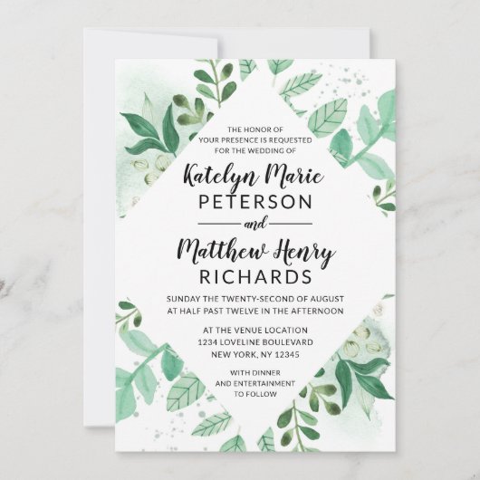 Verse Foliage Botanische Waterverf Diamond Bruilof Kaart (Voorkant)