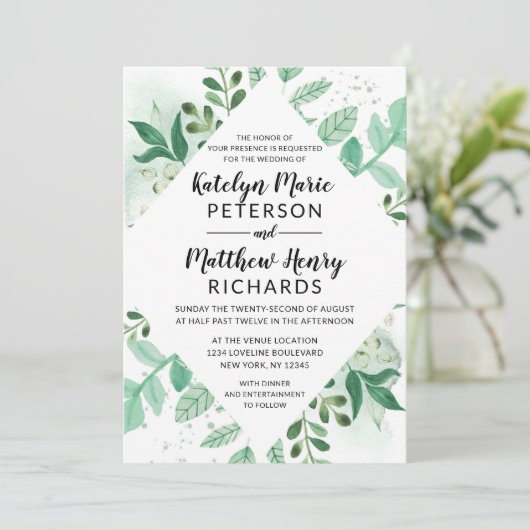 Verse Foliage Botanische Waterverf Diamond Bruilof Kaart (Staand voorkant)