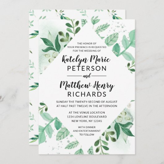 Verse Foliage Botanische Waterverf Diamond Bruilof Kaart (Voorkant / Achterkant)