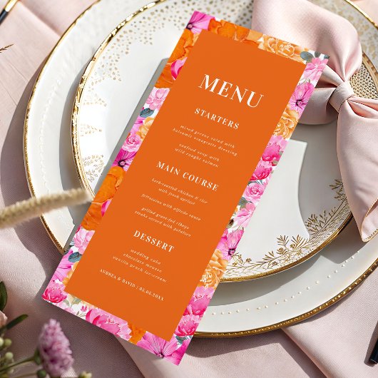 Verse fris roze en oranje bloemige bruiloft menu