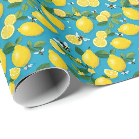 Verse Gele Citroenen En Droeve Bijen Turquoise Bla Cadeaupapier (Rol Hoek)