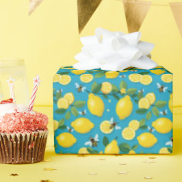 Verse gele citroenen en drukke bijen turquoiseblau cadeaupapier