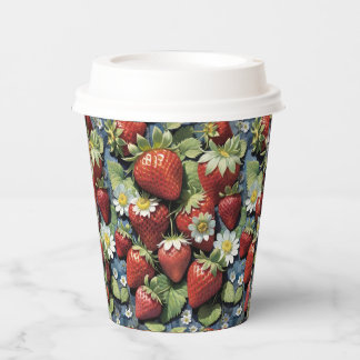 Verse geplukte aardbeien en witte bloesems papieren bekers