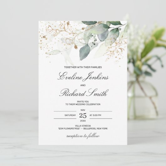 Verse groen eucalyptus goud spatten bruiloft kaart (Staand voorkant)