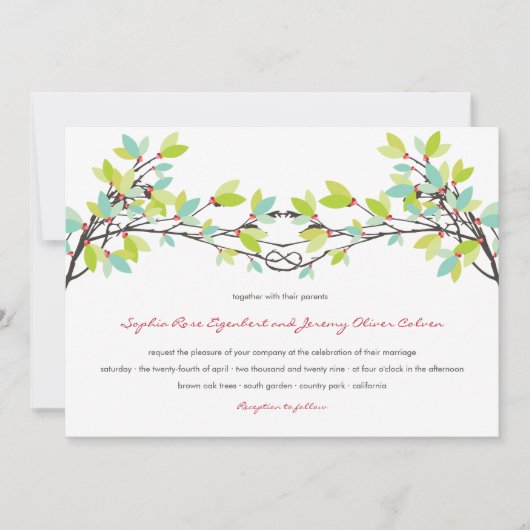 Verse groene geknoopte liefdesbomen lente bruiloft kaart (Voorkant)