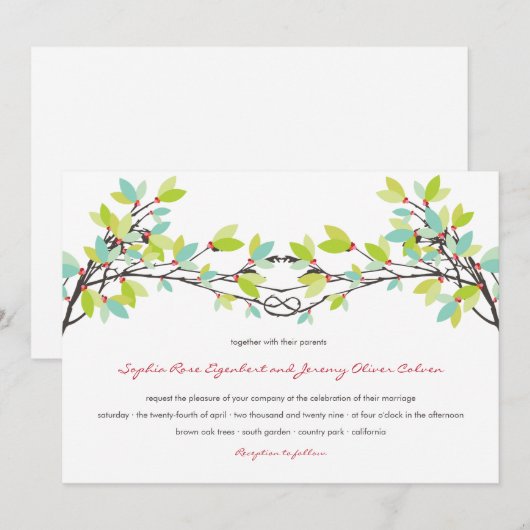 Verse groene geknoopte liefdesbomen lente bruiloft kaart (Voorkant / Achterkant)