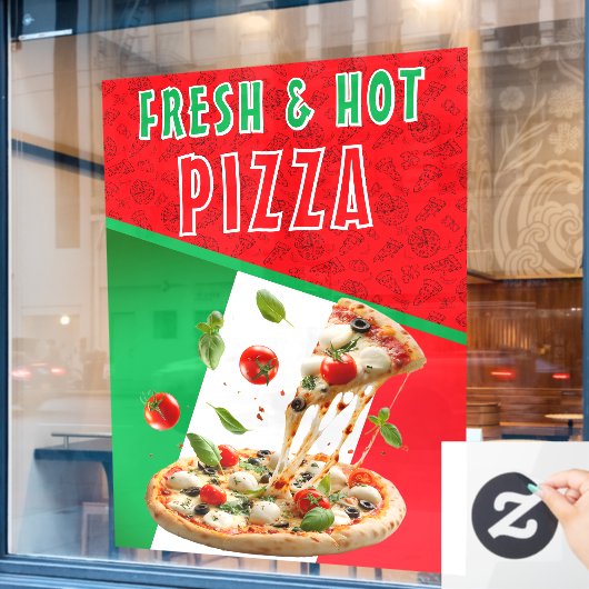 Verse & hete pizza met pizza explosie groot raamsticker (Cafe Raam)