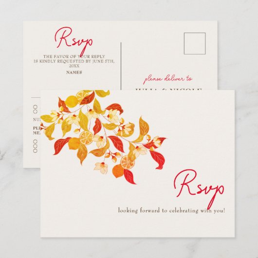 Verse Lemony Liefde Citrus Foliage Bruiloft Briefkaart (Voorkant / Achterkant)