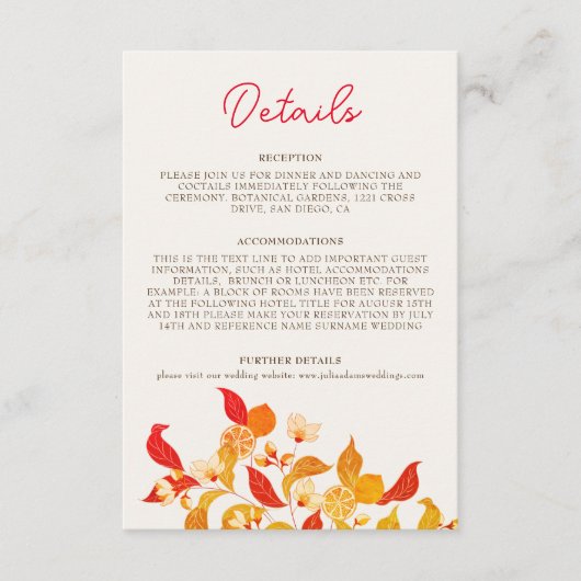 Verse Lemony Liefde Citrus Foliage Bruiloft Informatiekaartje (Voorkant)