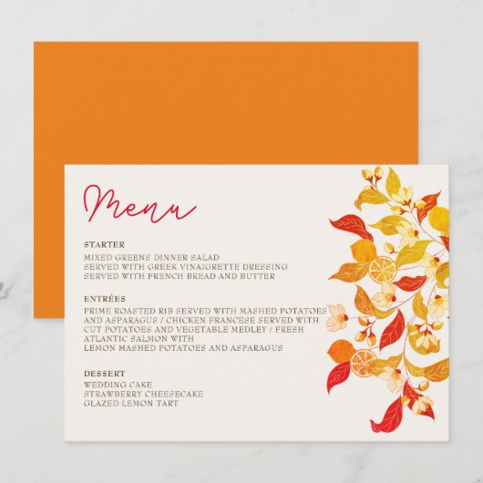 Verse Lemony Liefde Citrus Foliage Bruiloft Menu (Voorkant / Achterkant)