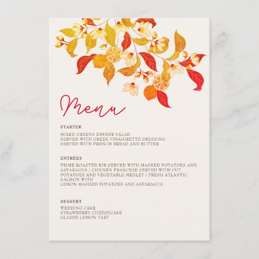 Verse Lemony Liefde Citrus Foliage Bruiloft Menu (Voorkant)