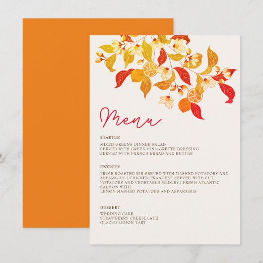 Verse Lemony Liefde Citrus Foliage Bruiloft Menu (Voorkant / Achterkant)