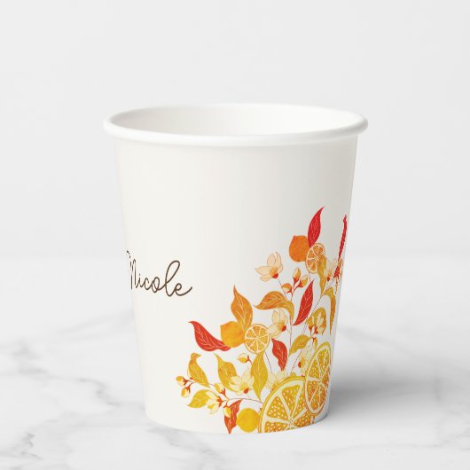 Verse Lemony Liefde Citrus Foliage Bruiloft Papieren Bekers (Achterkant)