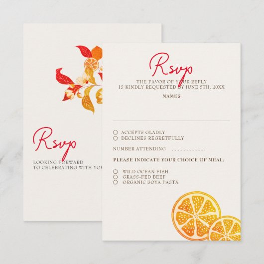 Verse Lemony Liefde Citrus Foliage Bruiloft RSVP Kaartje (Voorkant / Achterkant)