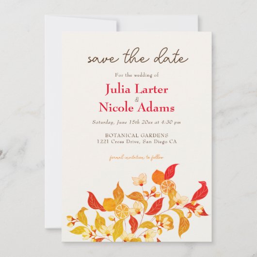 Verse Lemony Liefde Citrus Foliage Bruiloft Save The Date (Voorkant)