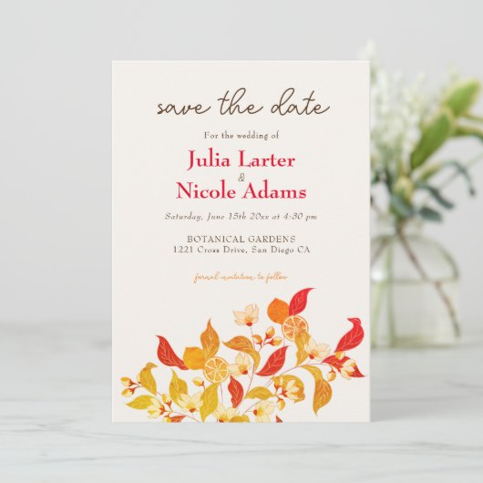 Verse Lemony Liefde Citrus Foliage Bruiloft Save The Date (Staand voorkant)