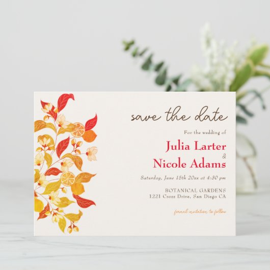 Verse Lemony Liefde Citrus Foliage Bruiloft Save The Date (Staand voorkant)