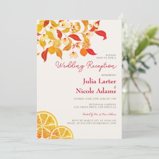 Verse Lemony Love Citrus gebladerte bruiloft recep Kaart (Staand voorkant)