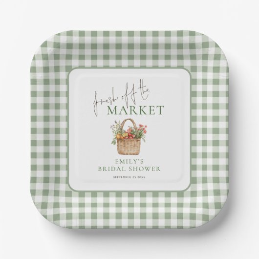 Verse Markt Sage Gingham Bruiloftsborrel Papieren Bordje (Voorkant)