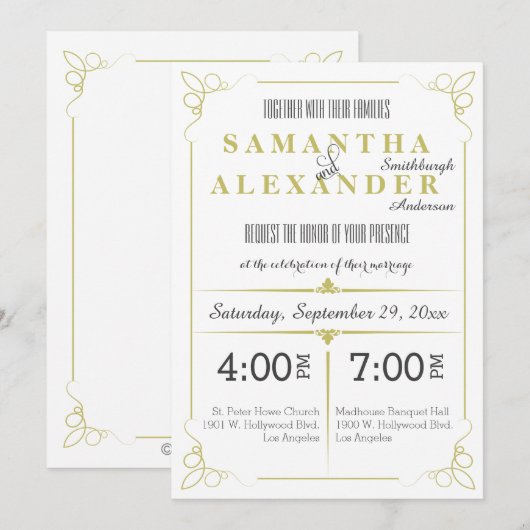 Verse Olijfgroene Art Deco bruiloft uitnodiging (Voorkant / Achterkant)