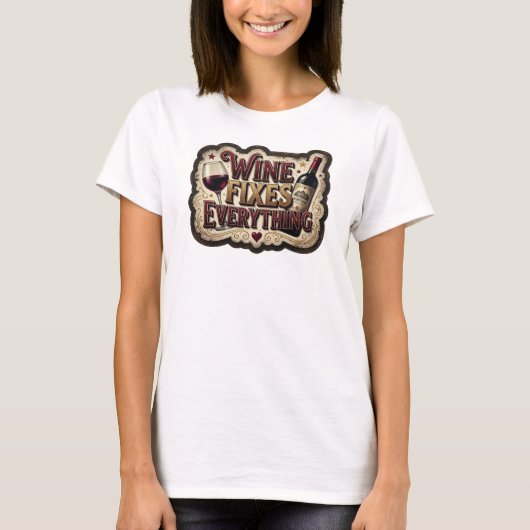 Verse Pinke WIJN FIXEERT ALLES Shirt Ontwerp (Voorkant)