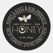 Verse Raw Biologisch Jaar en Seizoen Honing met Bi Ronde Sticker (Voorkant)