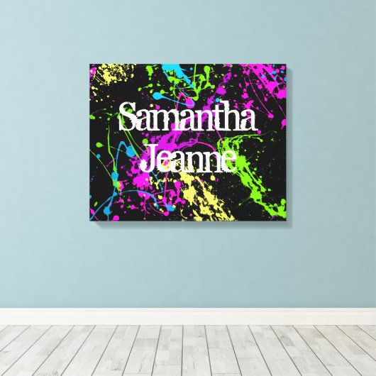 Verse retro Neon Paint Splatter op zwart Canvas Afdruk (Insitu (Houten vloer))