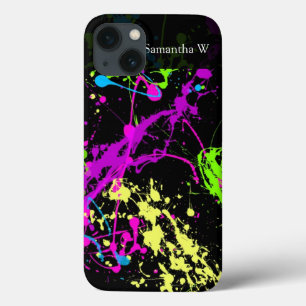 Verse retro Neon Paint Splatter op zwart iPhone 13 Hoesje