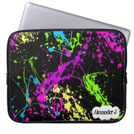 Verse retro Neon Paint Splatter op zwart Laptop Sleeve