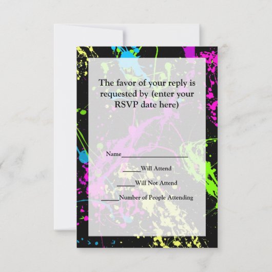 Verse retro Neon Paint Splatter op zwart RSVP Kaartje (Achterkant)
