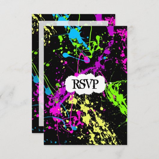 Verse retro Neon Paint Splatter op zwart RSVP Kaartje (Voorkant / Achterkant)