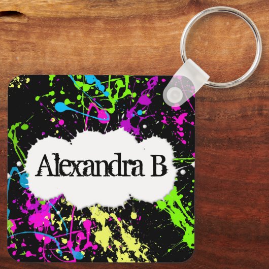 Verse retro Neon Paint Splatter op zwart Sleutelhanger (Achterkant)