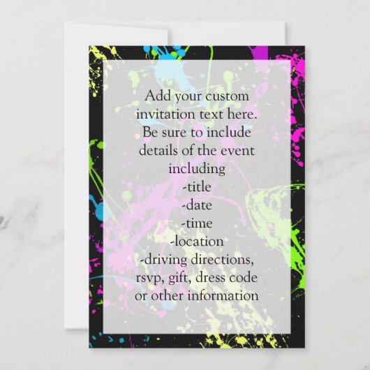 Verse Retro Neon Paint Splatter Party Uitnodiging (Achterkant)