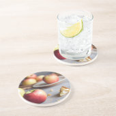 Verse rode appels op tafel, pasteitkruiden zandsteen onderzetter (Zijkant)