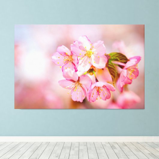 Verse roze Sakura-bloemen op roze Canvas Afdruk (Insitu (Houten vloer))