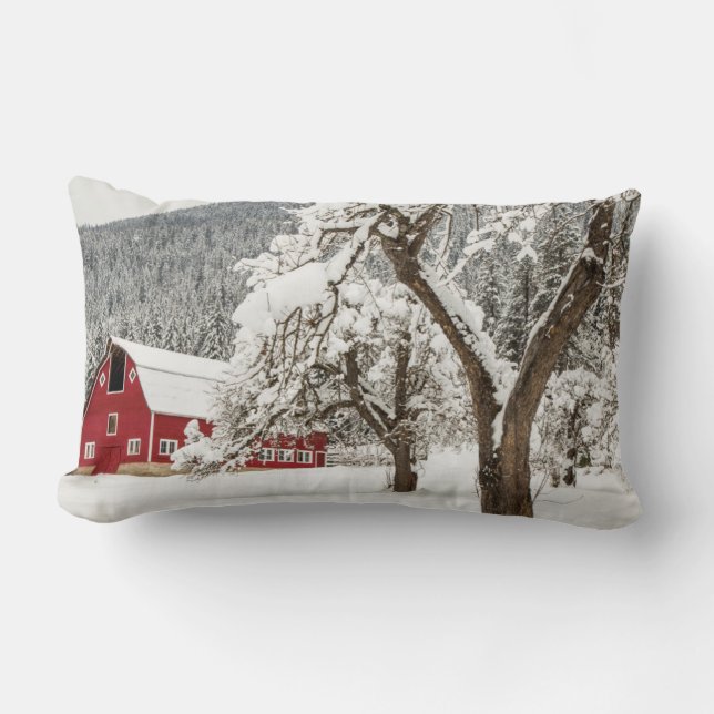 Verse sneeuw op rode schuur kussen (Voorkant)