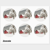 Verse sneeuw op rode schuur ronde sticker (Vel)
