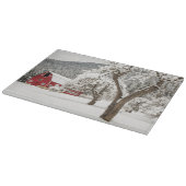 Verse sneeuw op rode schuur snijplank (Hoek)