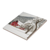 Verse sneeuw op rode schuur tegeltje (Zijkant)