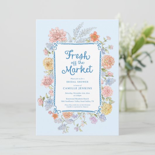 Verse van de markt Blue Bridal Shower Uitnodiging (Staand voorkant)
