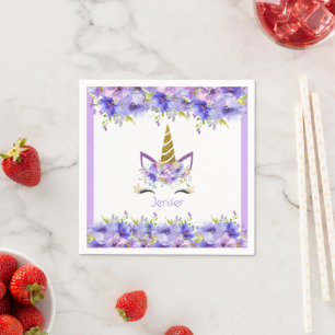Verse verjaardagsdecoraties met paarse eenhoorns servet