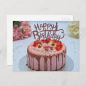 Verse verjaardagstaart witte tafelkleed bloem briefkaart (Voorkant / Achterkant)