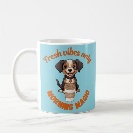 Verse Vibes & Koffie Speelse Puppy Digitale Kunst Koffiemok (Links)