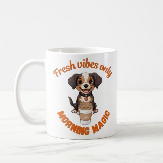 Verse Vibes & Koffie Speelse Puppy Digitale Kunst Koffiemok (Links)