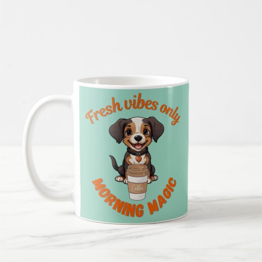 Verse Vibes & Koffie Speelse Puppy Digitale Kunst Koffiemok (Links)