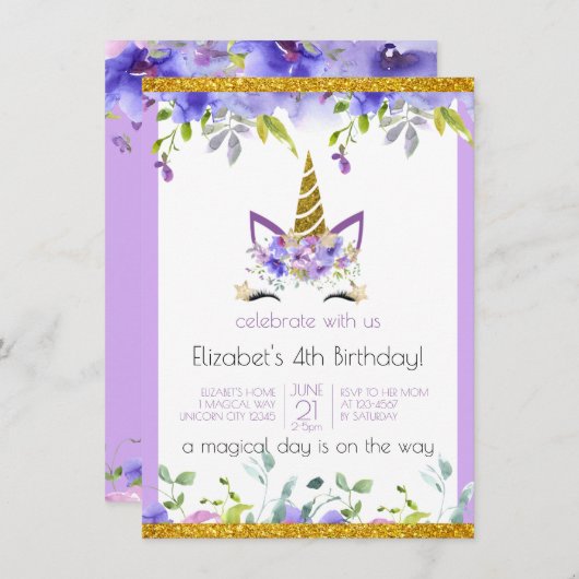Verse Violet | Versierd Gouden Eenhoorn Verjaardag Kaart (Voorkant / Achterkant)