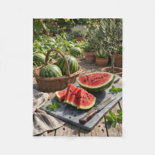 Verse watermeloen rustieke picknick fruitmand flee fleece deken