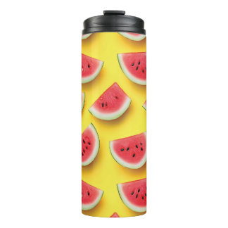 Verse Watermeloen Slices Patroon op Geel Thermosbeker