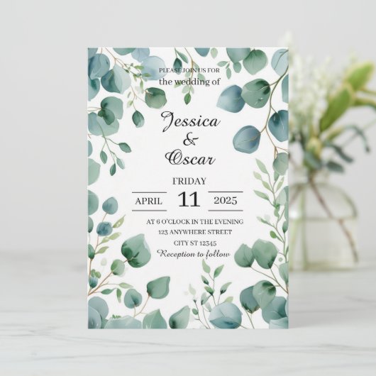 Verse Waterverf Eucalyptus Design Wedding Kaart (Staand voorkant)